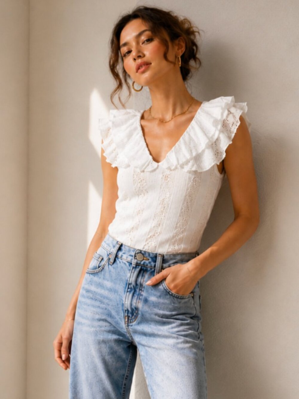 Walter Baker Hadlee Ruffle Lace Top White V Neck Feminine Romantic Blouse NWT